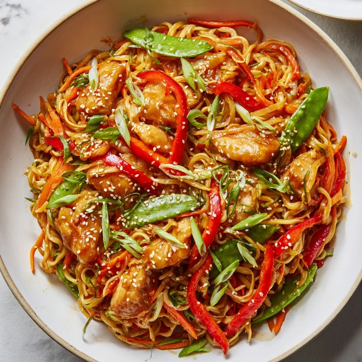 Close-up of sticky garlic chicken noodles tossed with crisp bell peppers snap peas and scallions