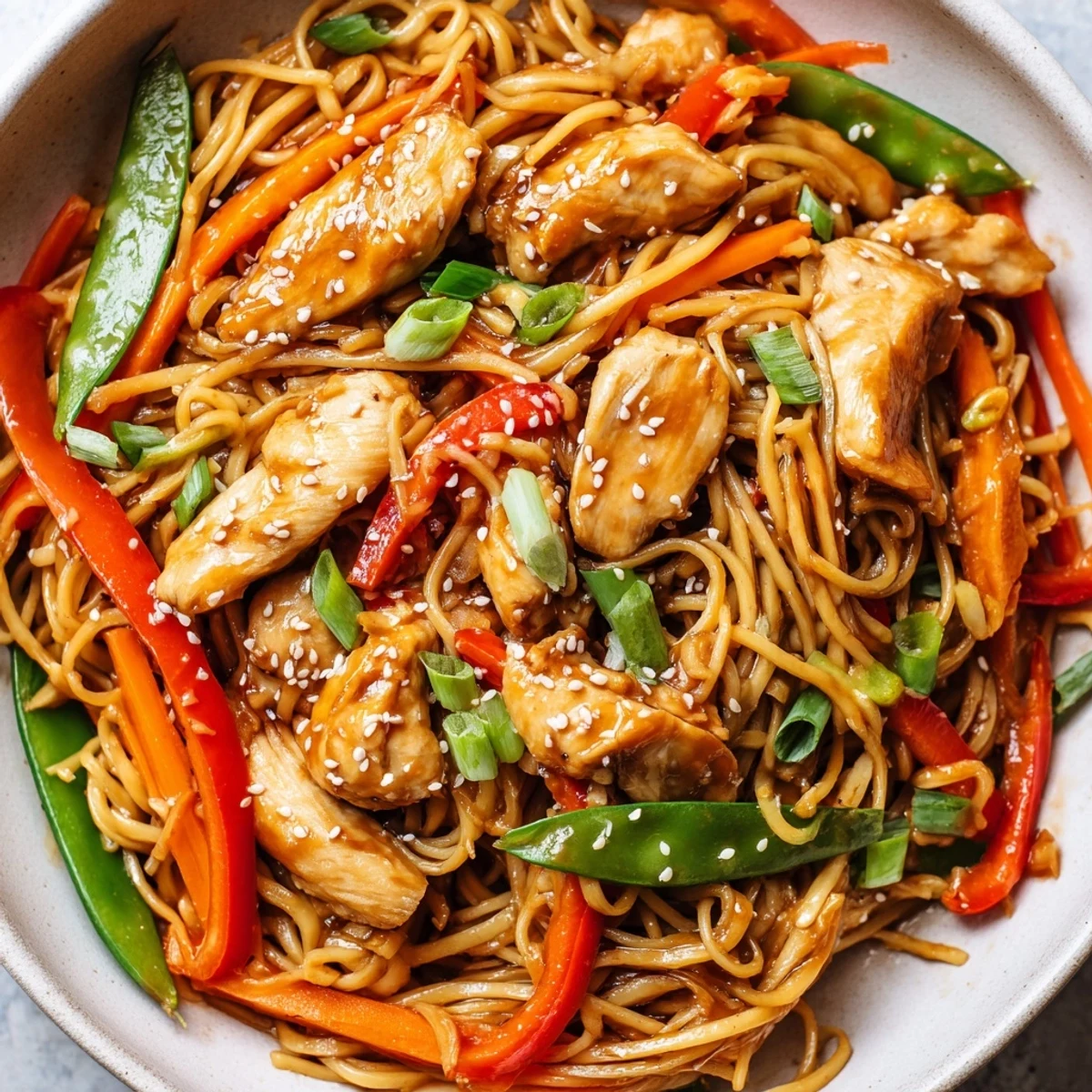 Steaming bowl of sticky garlic chicken noodles featuring chewy egg noodles coated in sweet garlic glaze