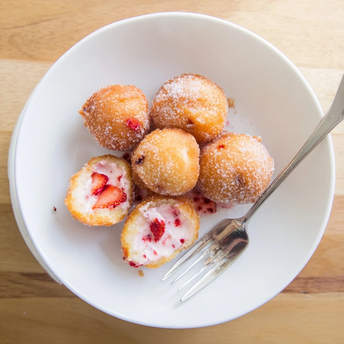 Golden fried strawberry cream filled doughnuts coated in sparkling sugar on a white plate