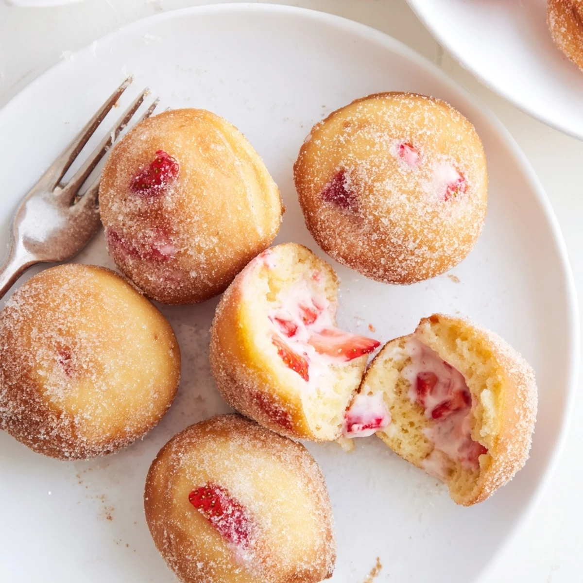 Homemade strawberry cream filled doughnuts with pink cream oozing from bite marks on dark surface