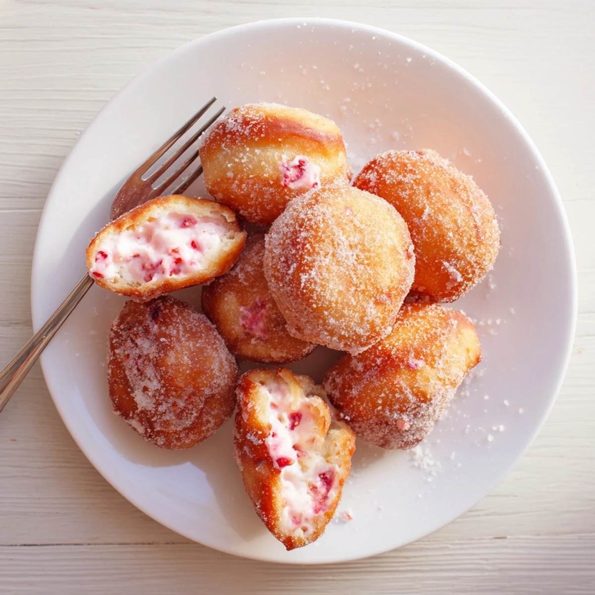 Fluffy deep-fried strawberry cream filled doughnuts dusted with sugar and fresh strawberry garnish