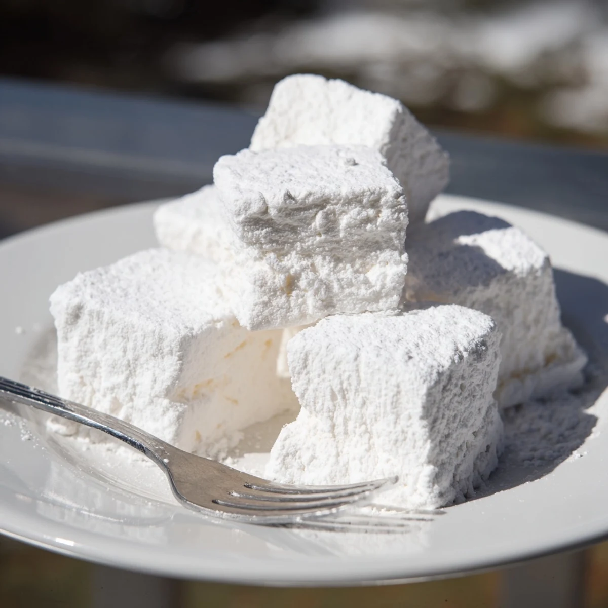 Soft fluffy homemade marshmallows cut into white squares dusted with powdered sugar