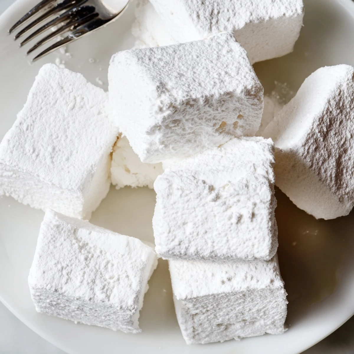 Pile of springy homemade marshmallows on a wooden cutting board ready for hot chocolate