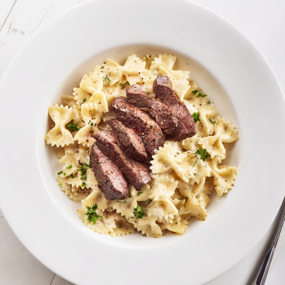 Zesty Cajun Alfredo pasta with bow ties tossed in spiced cream sauce and savory beef