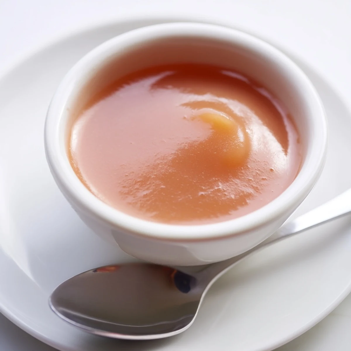 Homemade McDonalds sweet and sour sauce in a white dipping bowl with glossy red-orange appearance