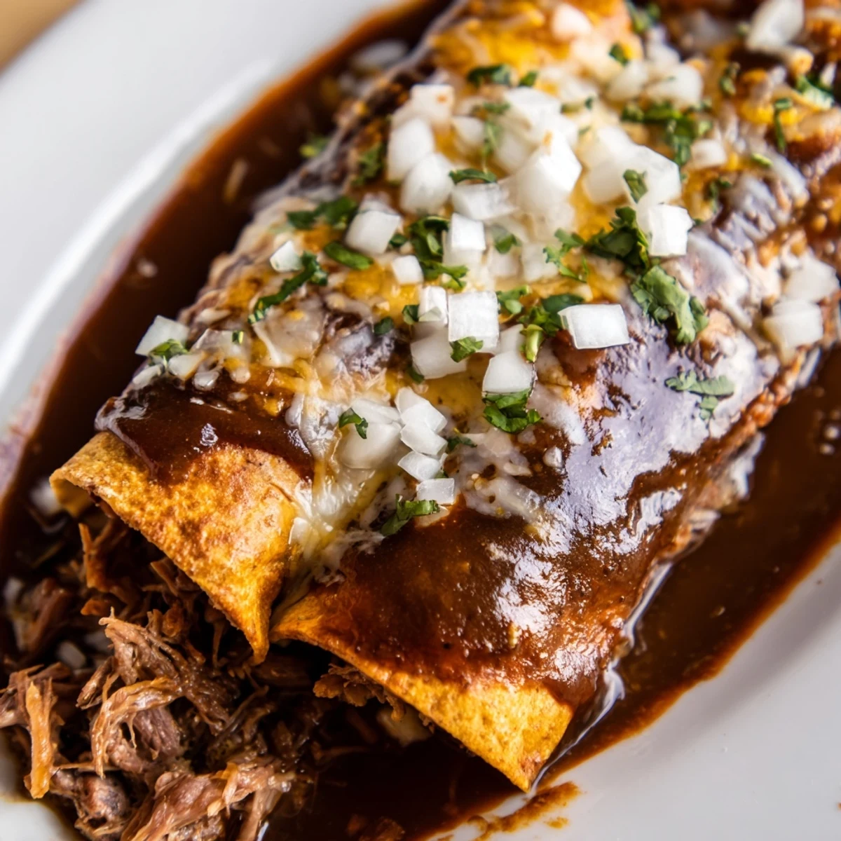 Golden birria enchiladas bubbling with melted Oaxaca cheese and tender shredded beef