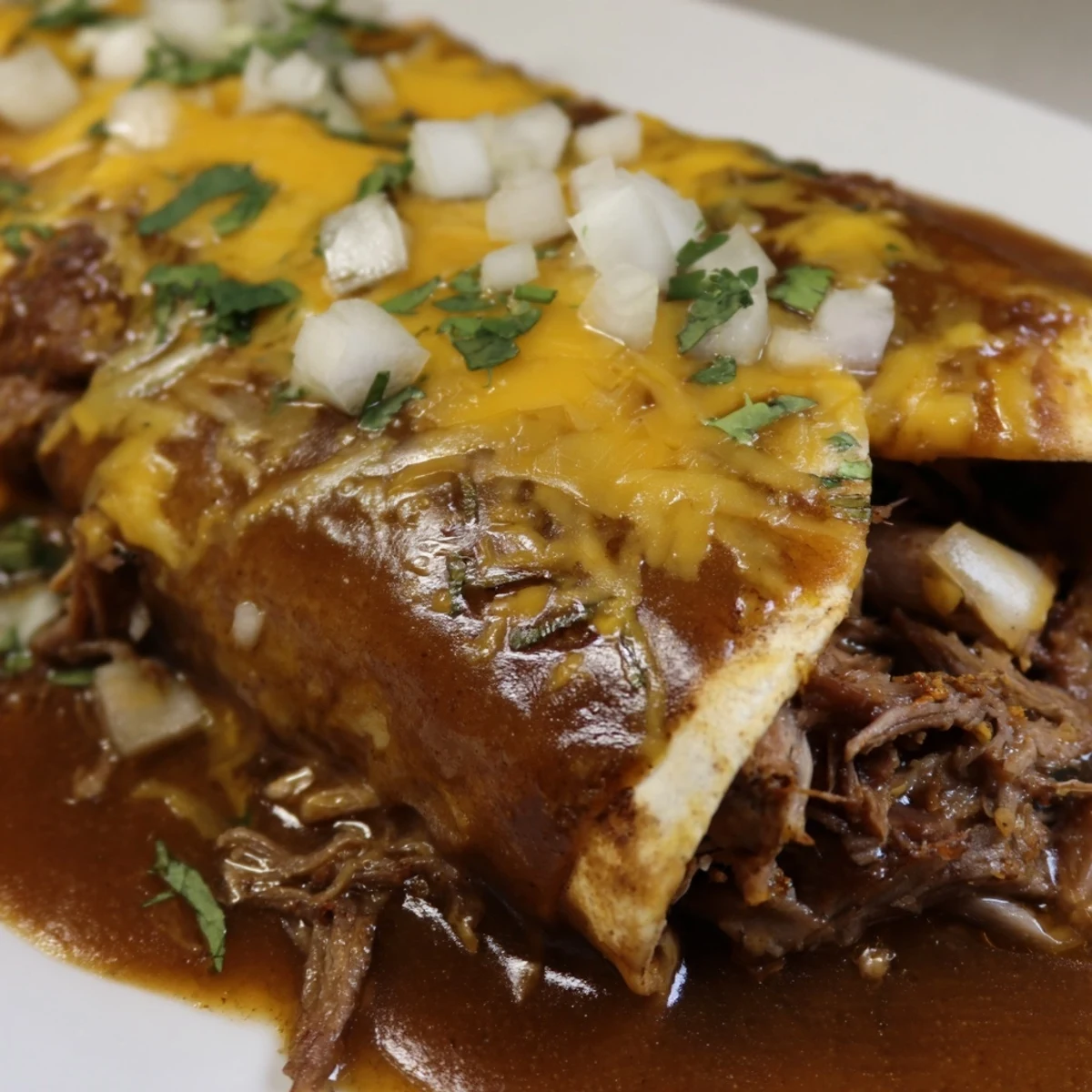 Plated birria enchiladas garnished with fresh cilantro, white onion, and lime wedges