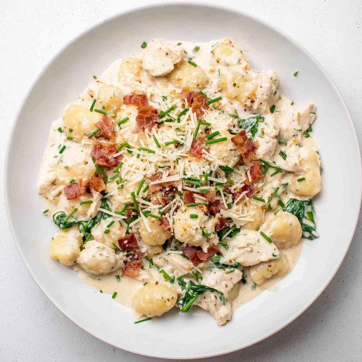 Golden potato gnocchi swimming in rich ranch cream sauce with spinach and chicken