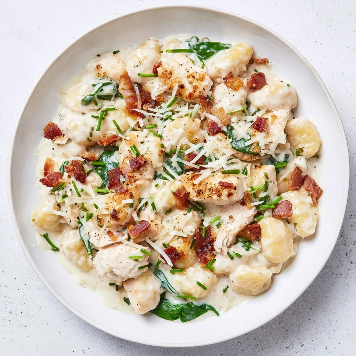 Creamy crack chicken gnocchi in white sauce topped with crispy bacon bits
