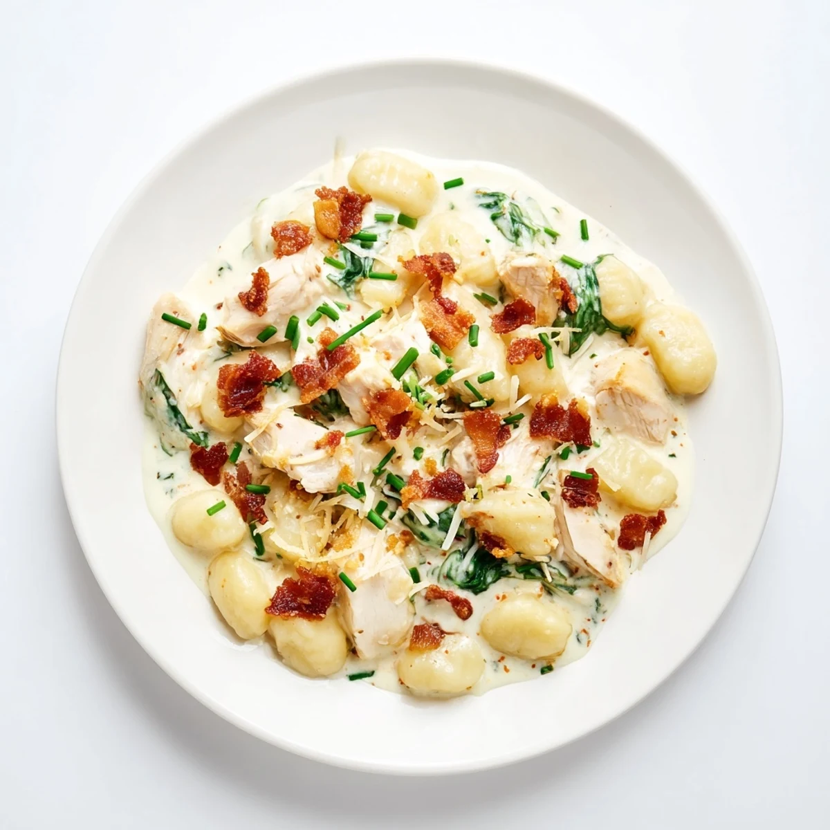 Bubbling skillet of cheesy chicken gnocchi loaded with bacon and melted mozzarella