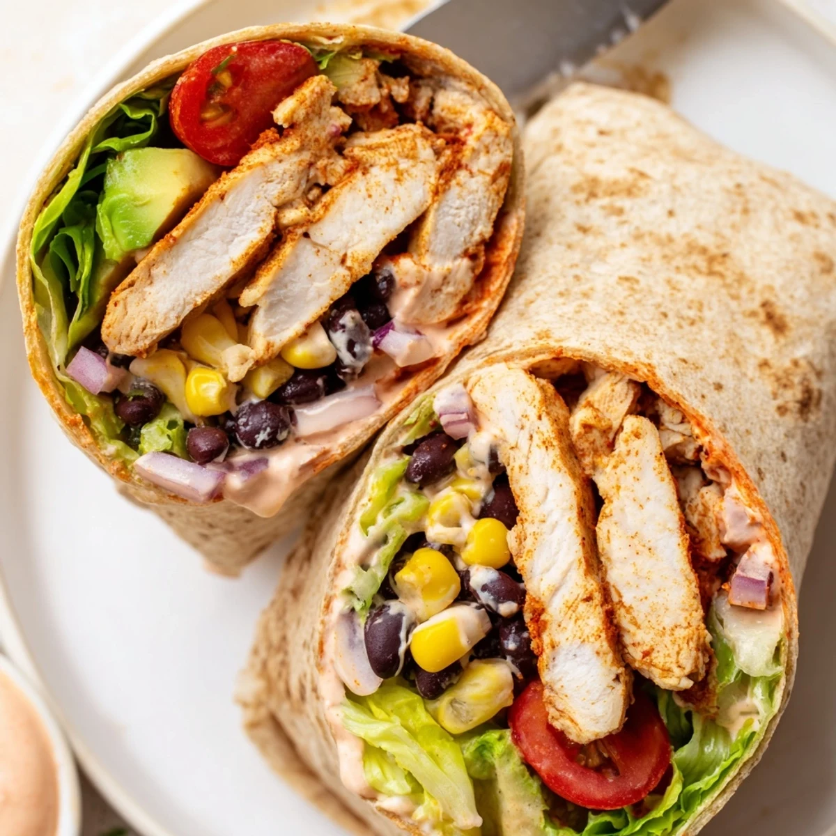 Golden flour tortilla rolled around spiced chicken breast with fresh lettuce, tomatoes, black beans, and drizzled southwest dressing