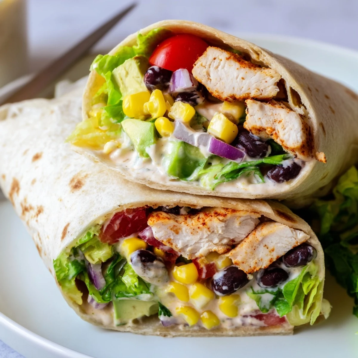 Southwest chicken wraps sliced in half revealing colorful layers of seasoned chicken, crisp vegetables, and creamy southwest sauce