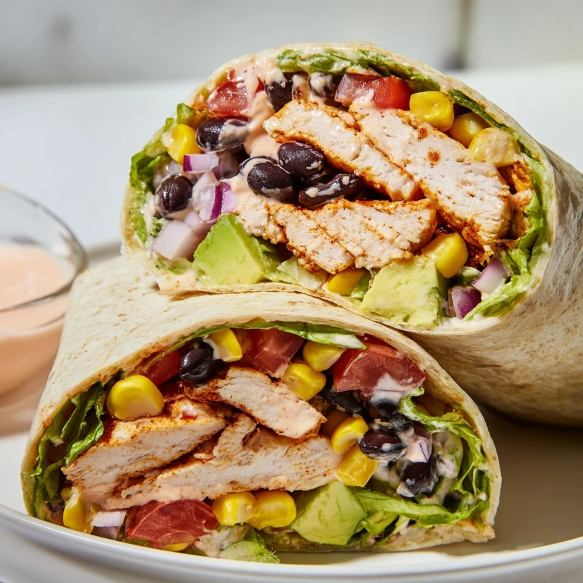Hand-held southwest chicken wraps showcasing avocado slices, corn, red onion, and zesty sauce tucked inside warm tortillas