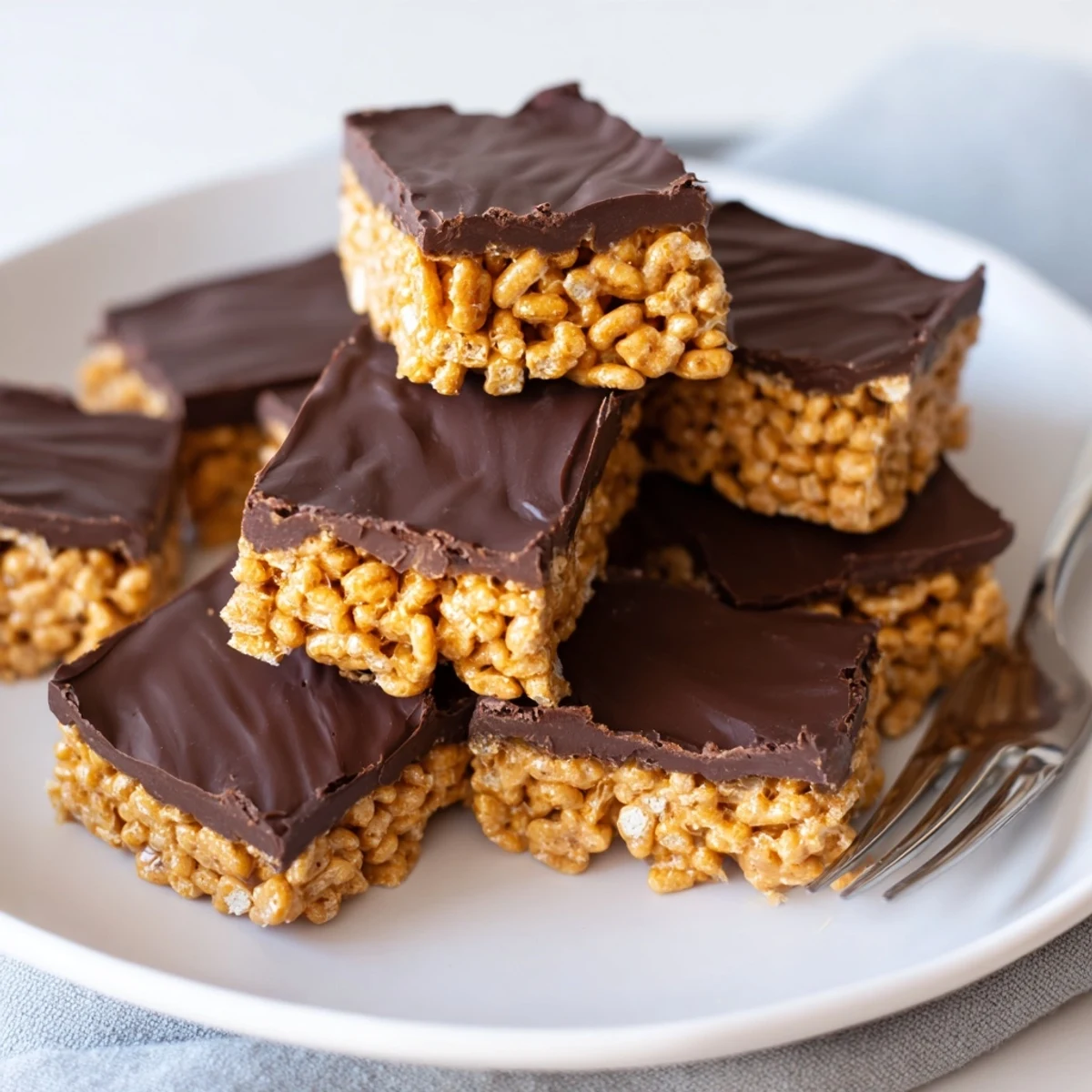 Rectangular slab of honey Chex chocolate peanut butter bars with smooth melted chocolate layer and chopped nuts