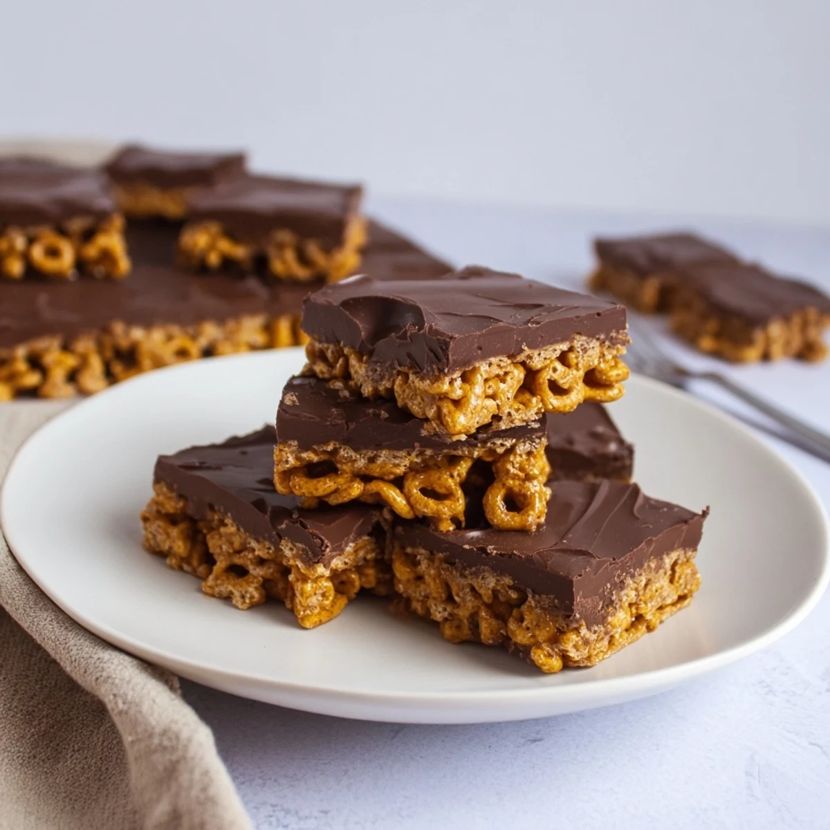 Golden no-bake gluten-free honey Chex chocolate peanut butter bars cut into squares with glossy chocolate topping
