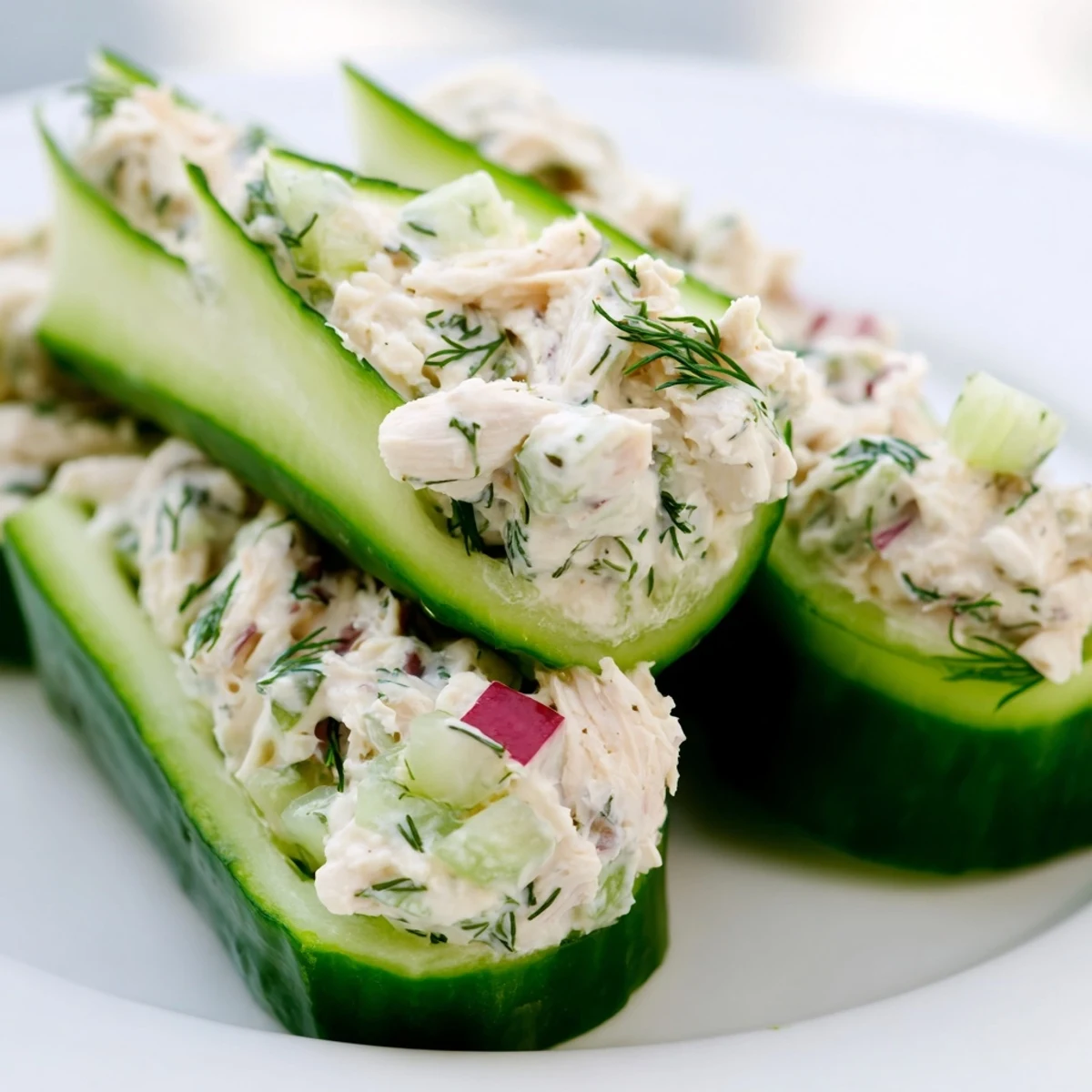 Fresh cucumber ribbons wrapped around creamy chicken salad filling on a white serving platter