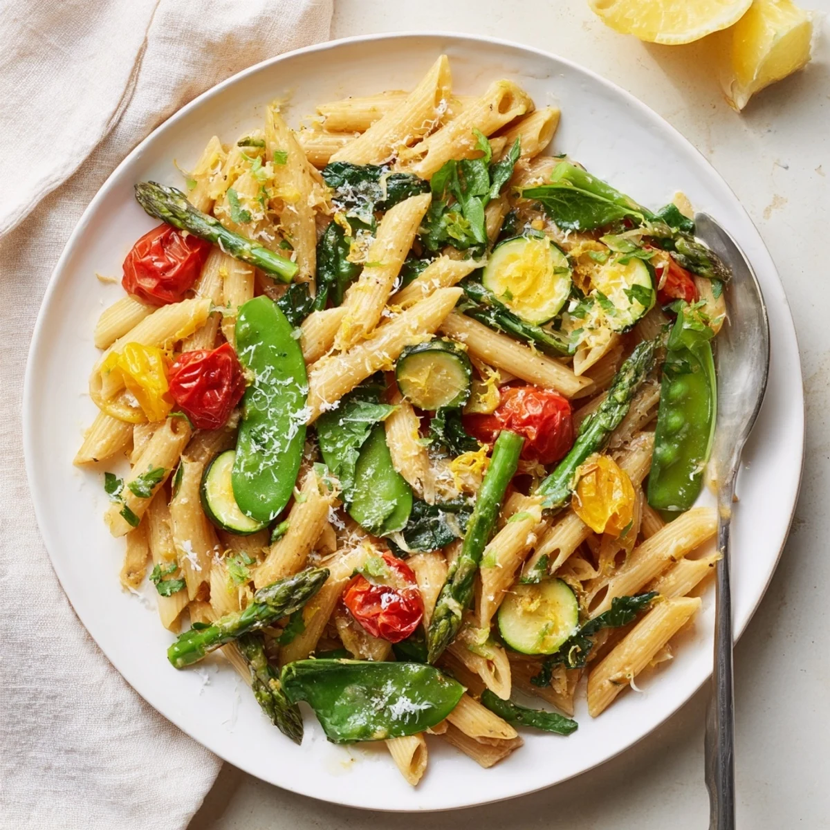 Creamy one pot spring vegetable pasta brimming with tender vegetables, aromatic garlic, and lemon zest for a satisfying vegetarian dinner