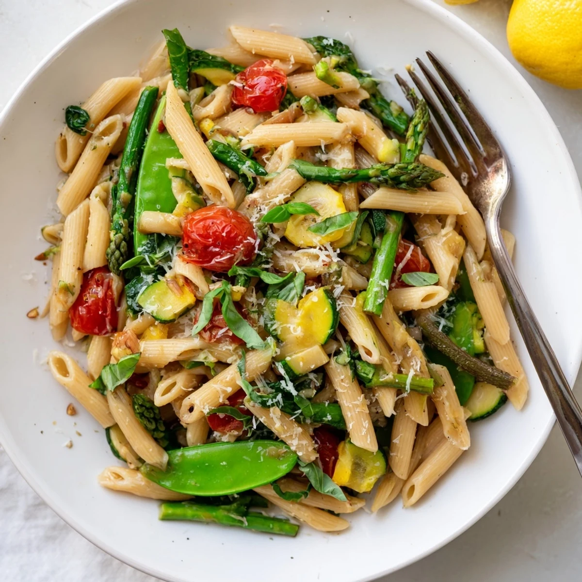 Colorful one pot spring vegetable pasta with al dente noodles, fresh zucchini, spinach, and Parmesan cheese garnished with basil