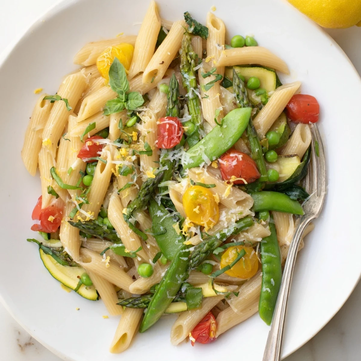 One pot spring vegetable pasta featuring tender penne tossed with vibrant asparagus, snap peas, and cherry tomatoes in a savory broth