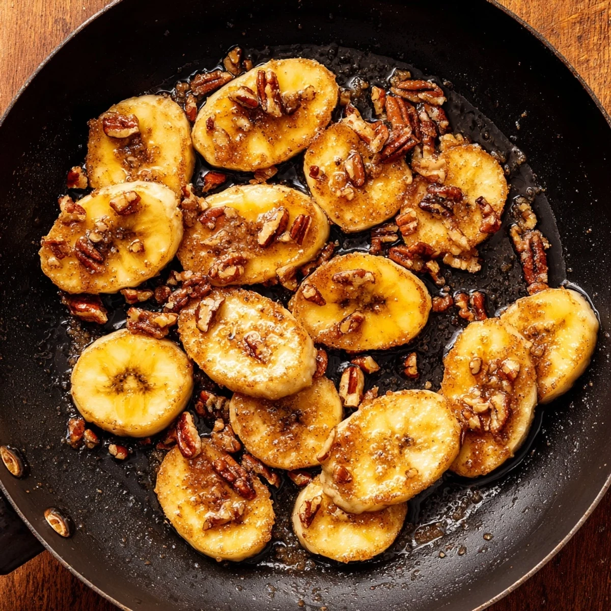 Golden pan fried cinnamon bananas caramelized to perfection in a skillet