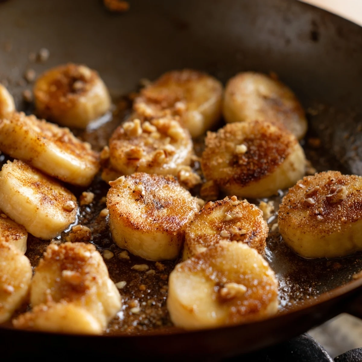 Warm skillet of cinnamon sugar coated bananas frying in melted butter
