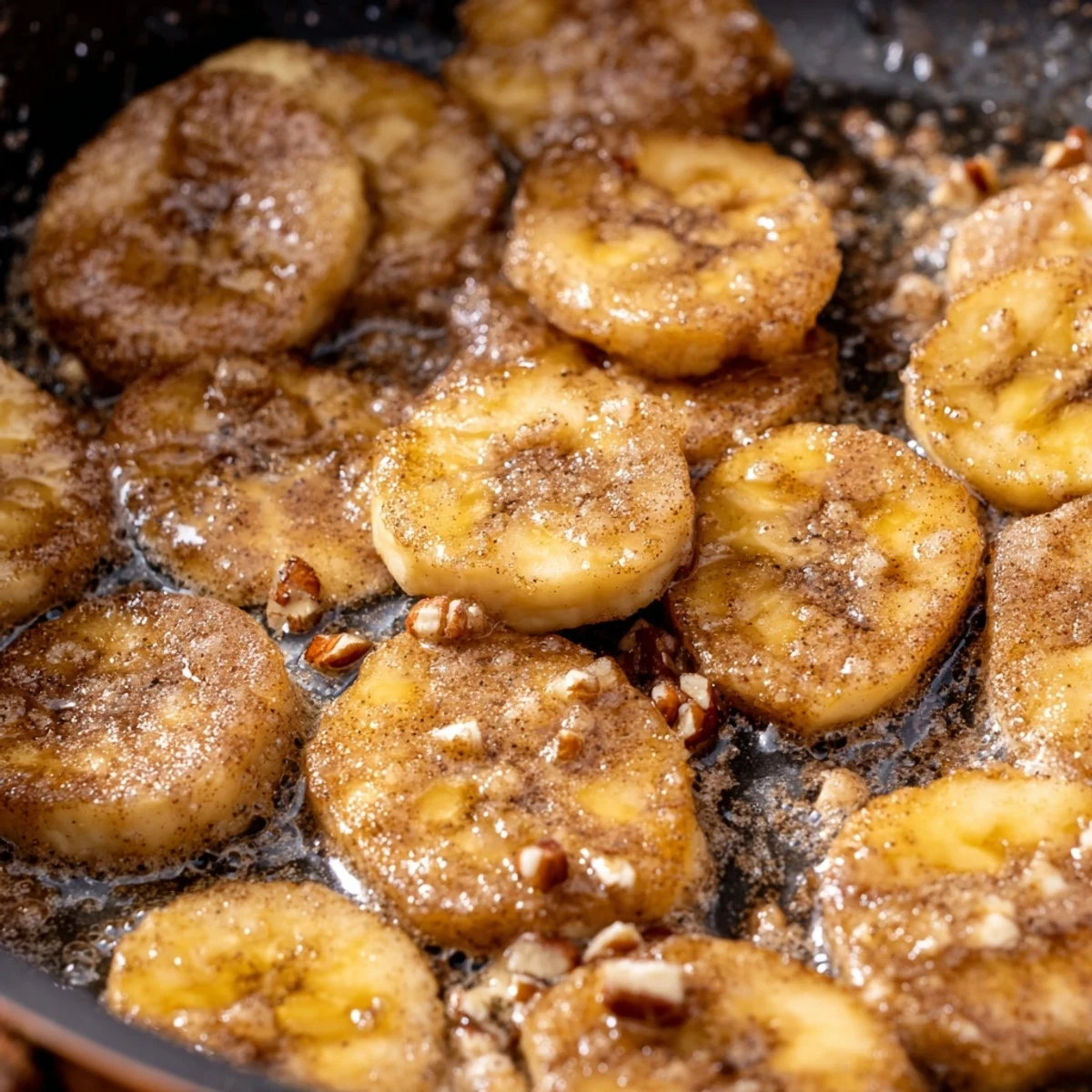 Easy pan fried cinnamon bananas served with a honey drizzle and walnuts