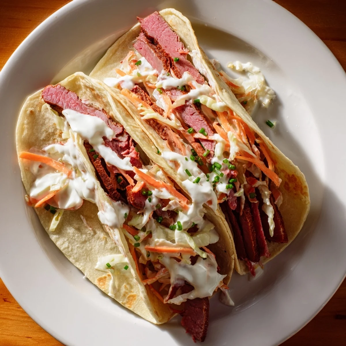 Golden Irish tacos loaded with savory corned beef, crisp cabbage slaw, and creamy horseradish sauce in warm flour tortillas