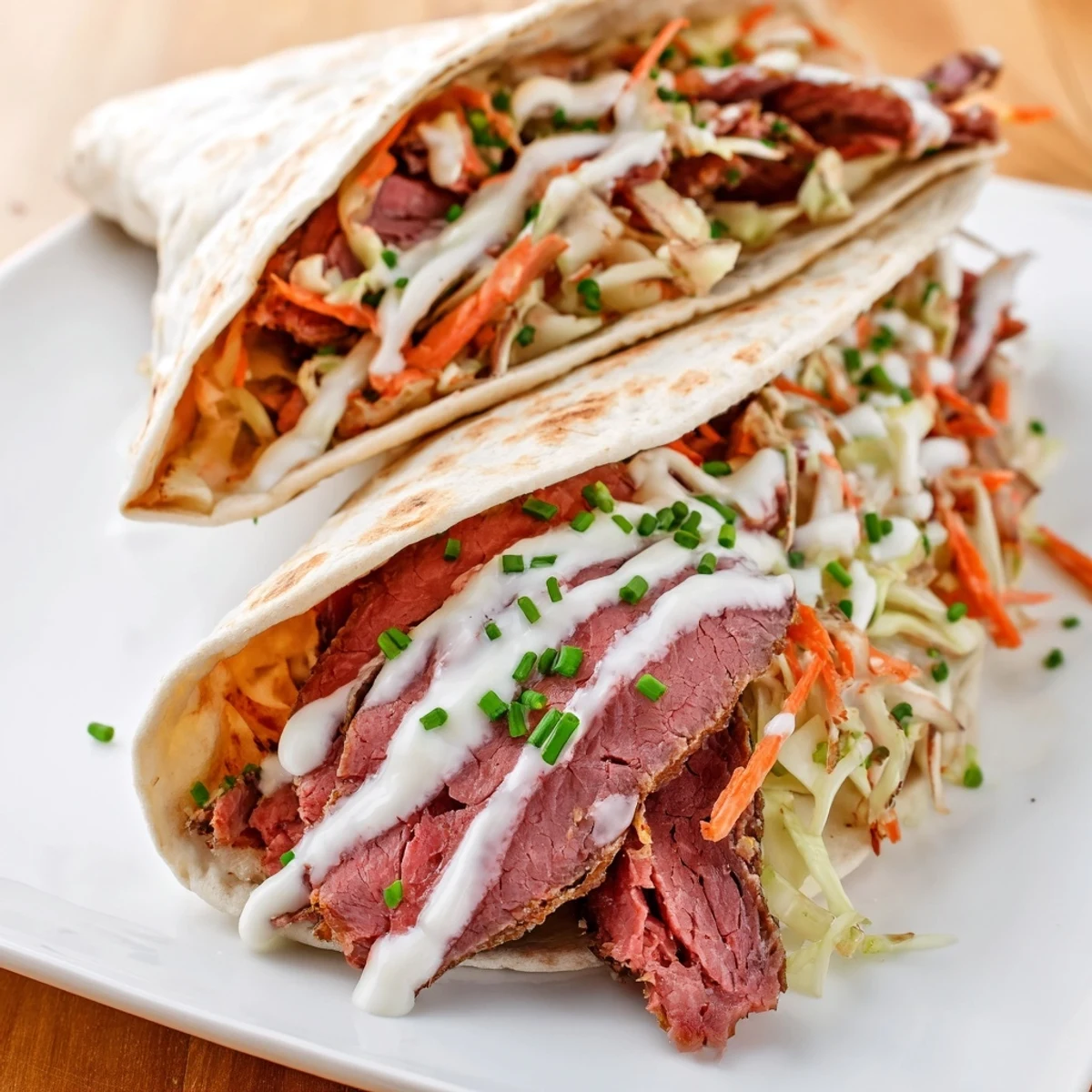 St. Patrick's Day fusion tacos featuring tender corned beef topped with tangy cabbage slaw and drizzled with zesty sauce