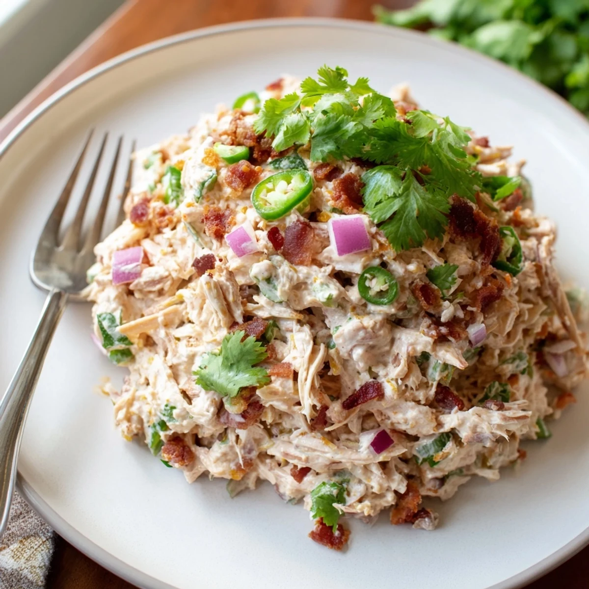 Creamy jalapeno popper keto chicken salad topped with crispy bacon and fresh cilantro in a white serving bowl