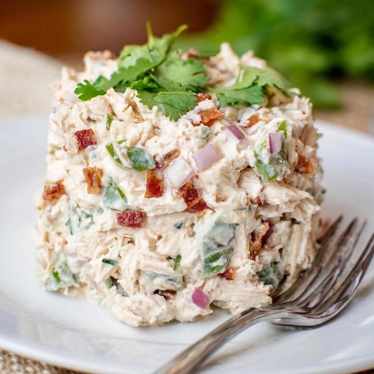 Keto-friendly jalapeno popper chicken salad plated with avocado halves and lime wedges for a satisfying high-protein lunch