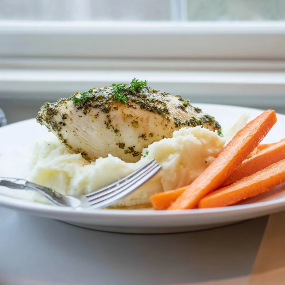 Golden herb-crusted chicken breast resting atop fluffy mashed potatoes with glossy honey-glazed carrots on a white plate