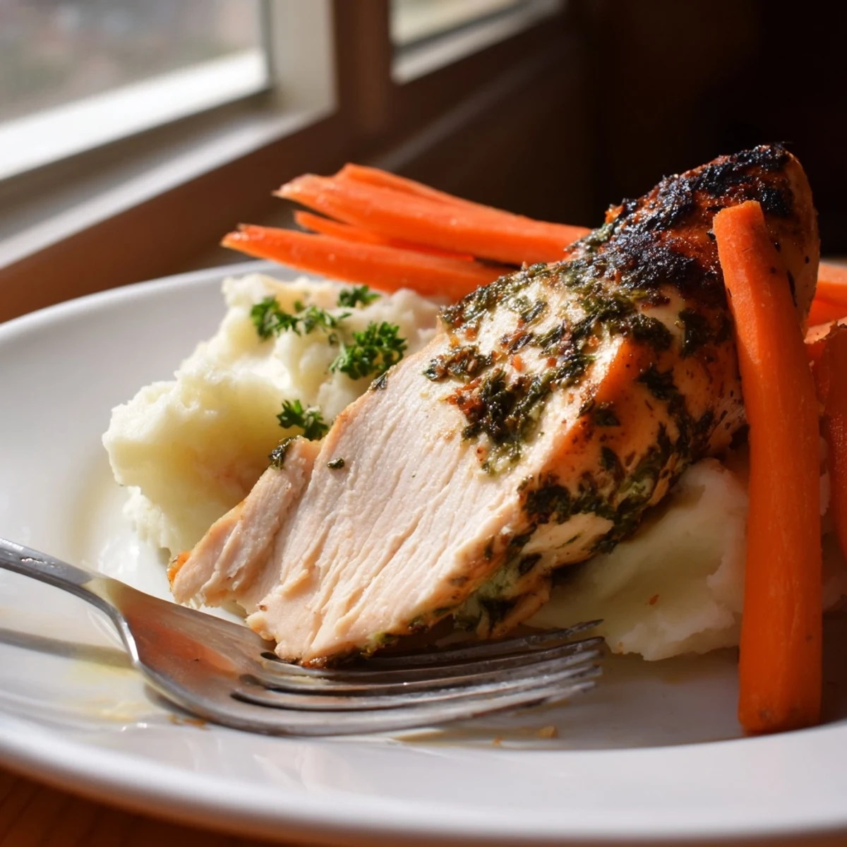 Savory garlic herb chicken with creamy mashed potatoes and tender glazed carrots arranged on a dinner plate