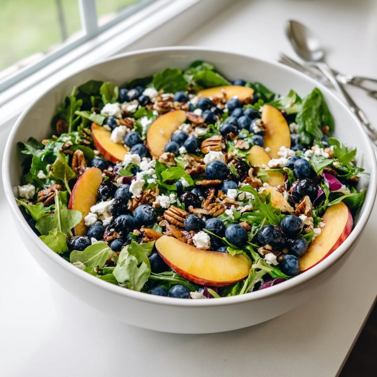 Fresh blueberry peach feta salad with crisp greens and balsamic dressing on white plate