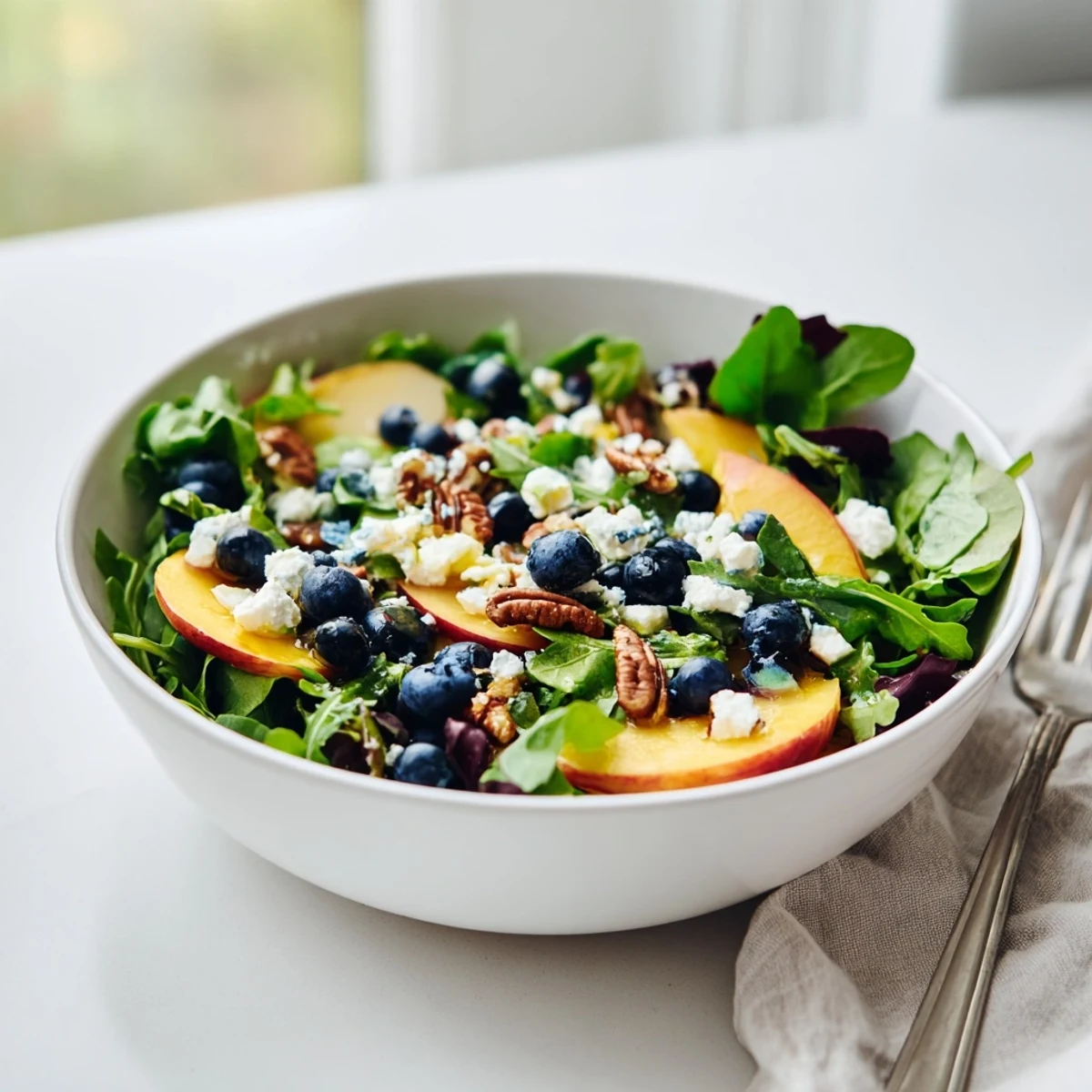 Vibrant summer salad bowl featuring juicy peaches, sweet blueberries, and creamy crumbled feta cheese