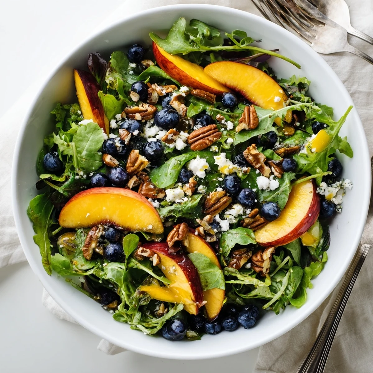 Colorful blueberry peach feta salad layered with mixed greens and toasted pecan garnish