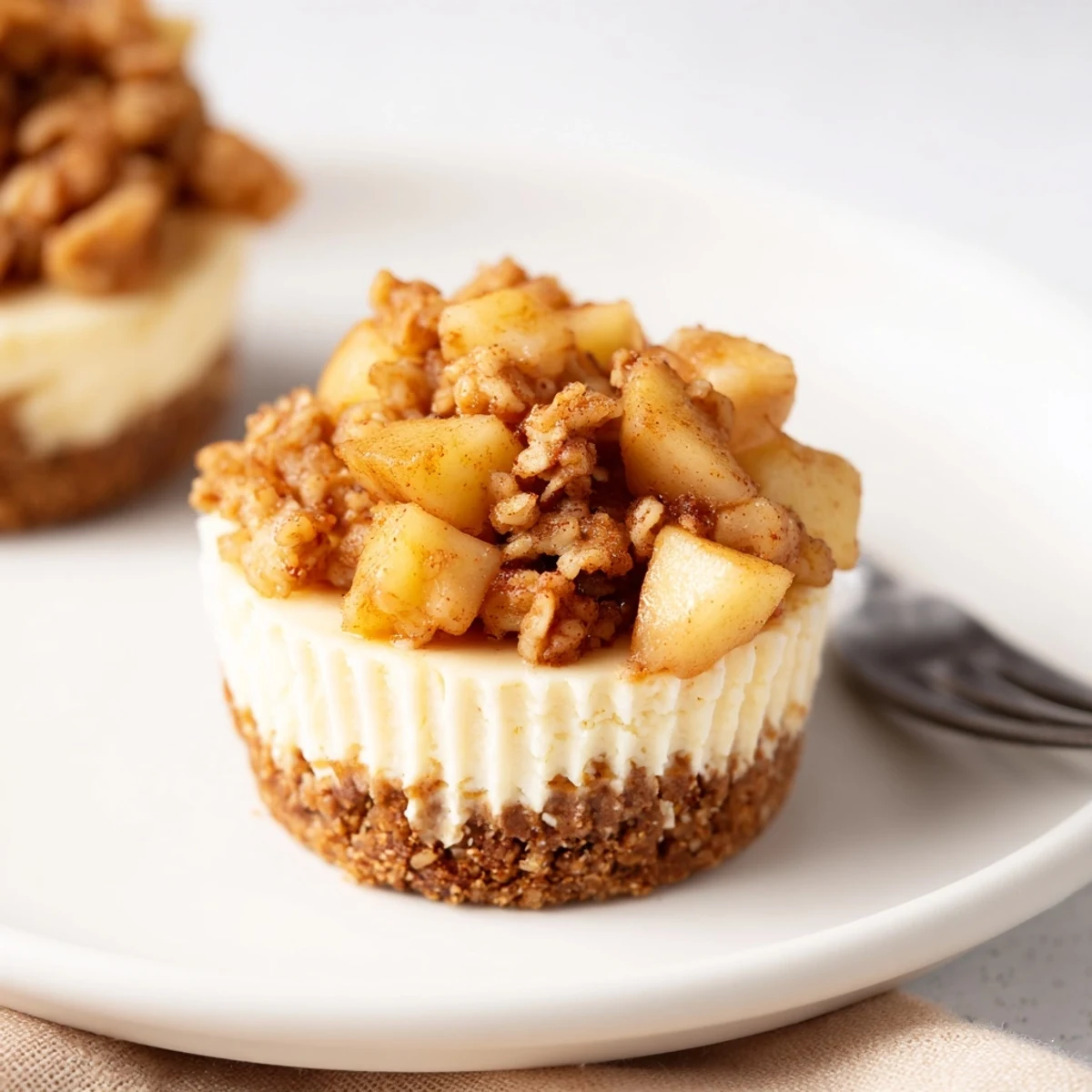 Creamy apple crisp mini cheesecakes with golden oat crumble topping on graham cracker crust