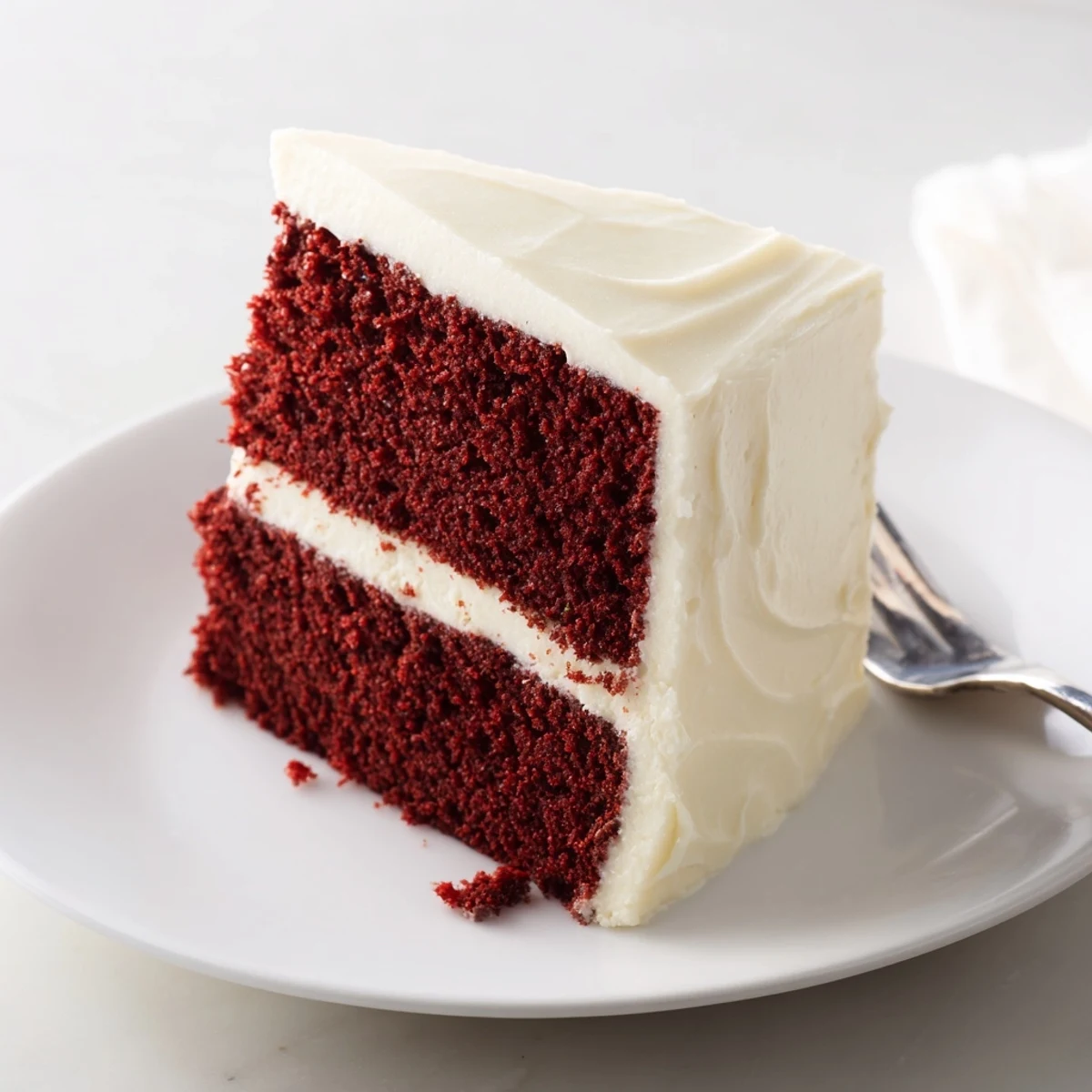 Moist red velvet cake layered with creamy cream cheese frosting on a white serving plate