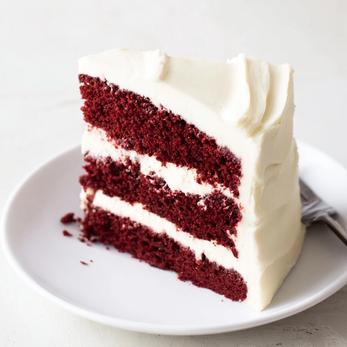 Slice of red velvet cake showing tender crimson crumb topped with fluffy white frosting decoration