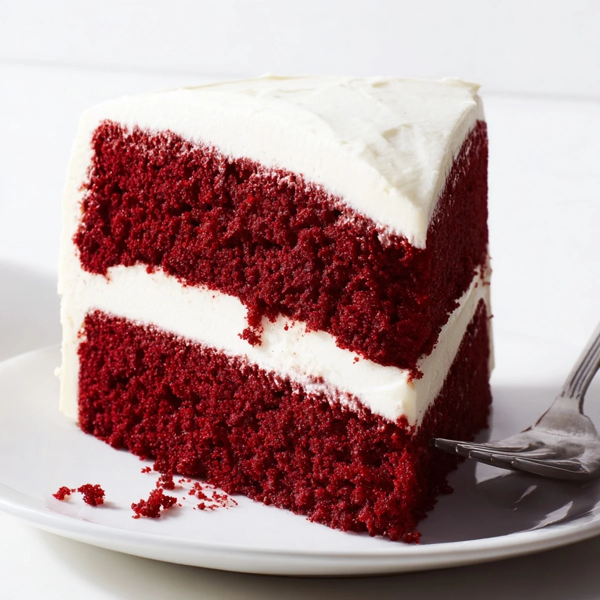 Two-layer red velvet cake with smooth cream cheese frosting and red velvet crumbs on sides