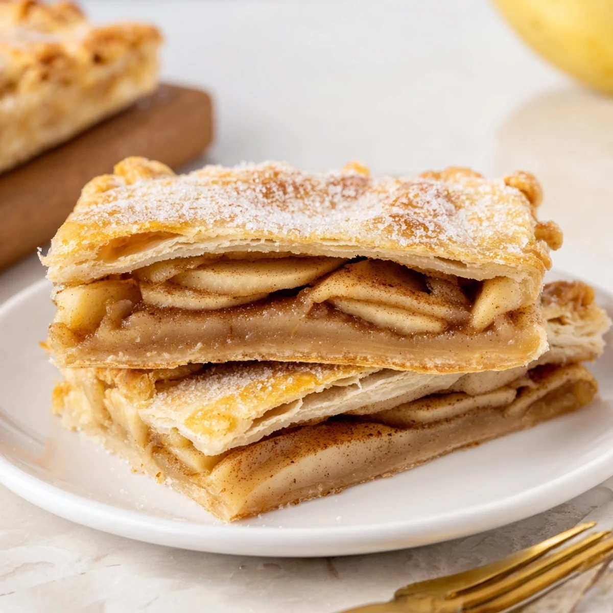Golden apple slab pie with flaky crust and spiced apple filling baked in a rectangular pan