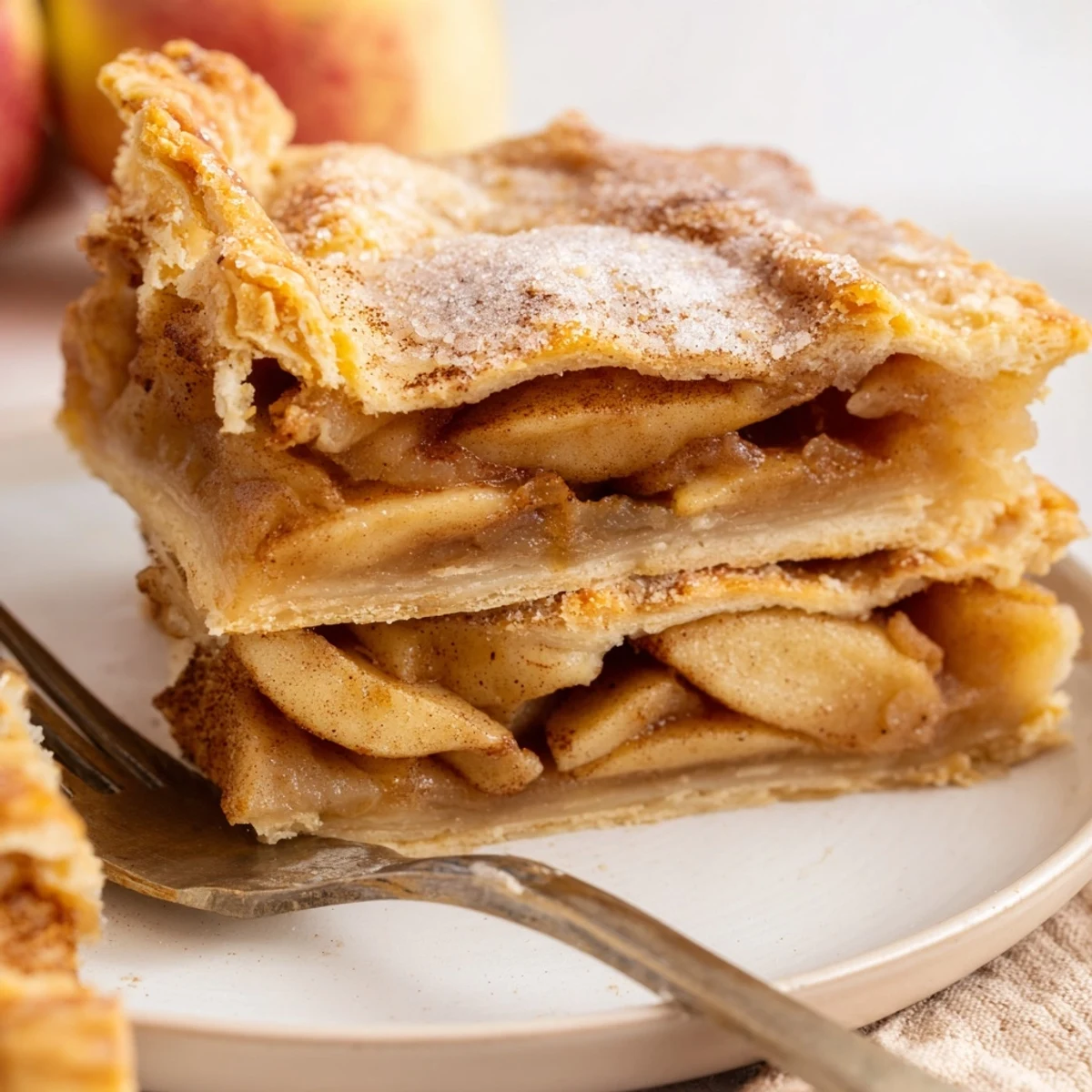 Homemade apple slab pie sliced into squares revealing juicy layers of caramelized cinnamon apples
