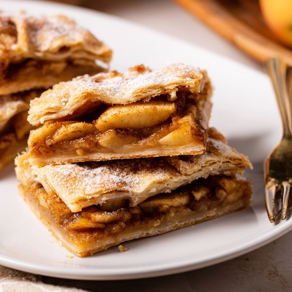 Rustic apple slab pie featuring tender cinnamon spiced apples beneath a buttery golden pastry crust