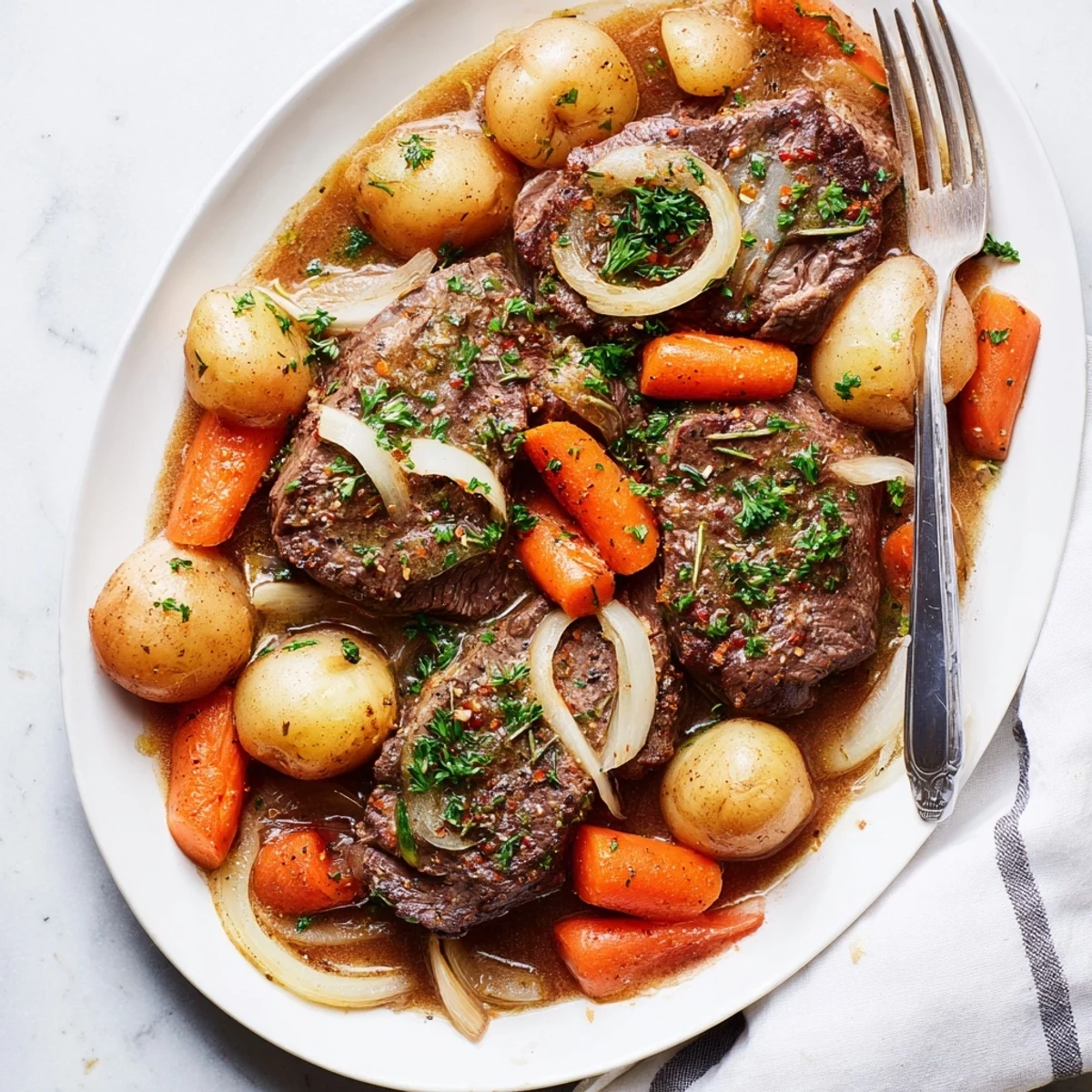 Golden brown slow cooker steak and potatoes with tender beef nestled alongside buttery baby potatoes and carrots