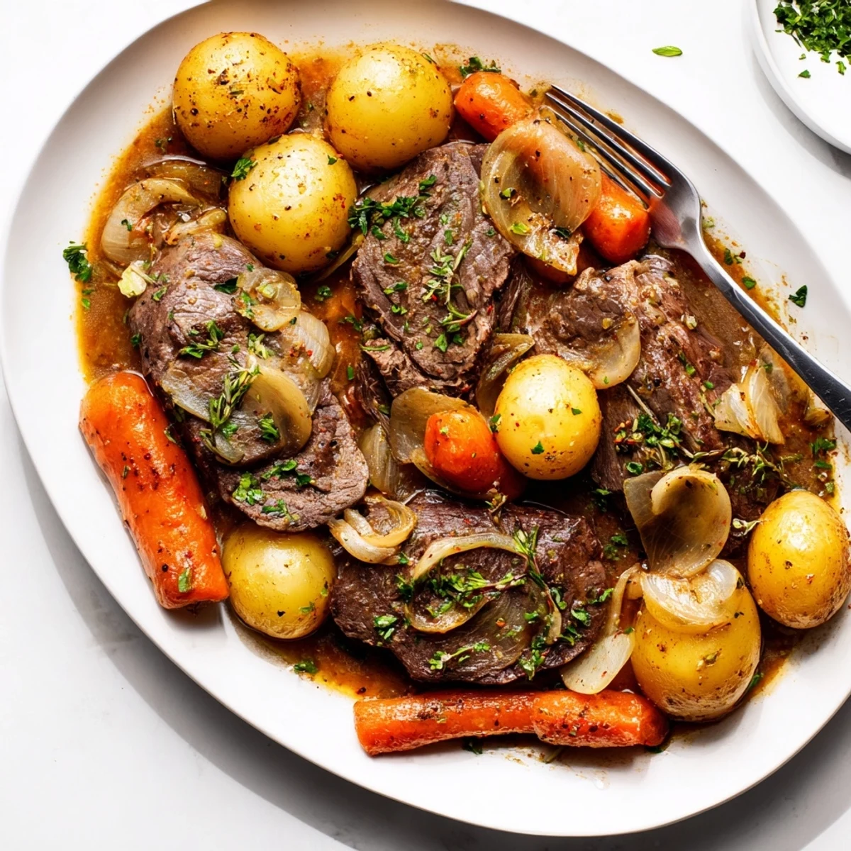Hearty slow cooker steak and potatoes meal featuring seared beef and vegetables in a rich beef broth sauce