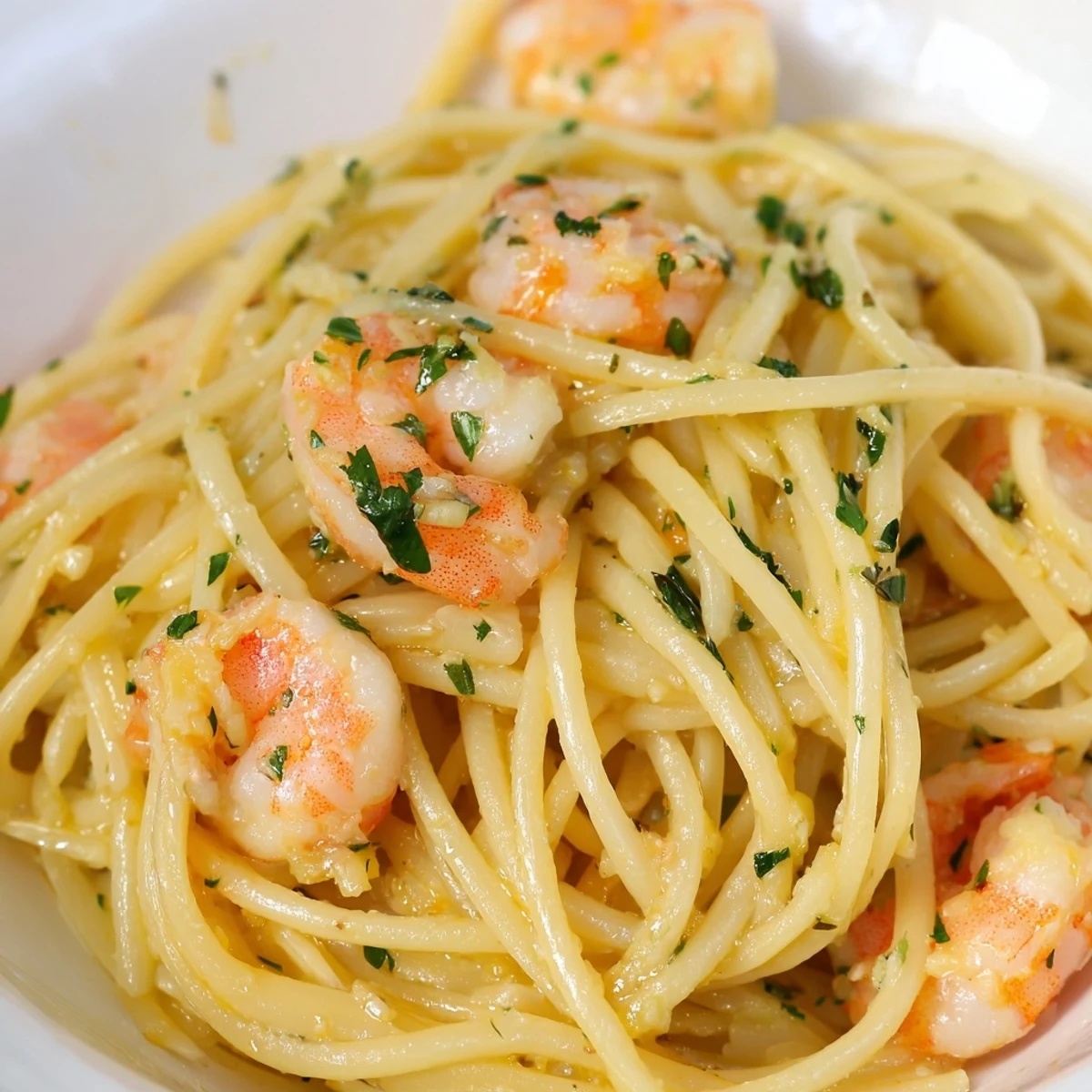 Golden shrimp scampi pasta tangled with al dente spaghetti in a buttery garlic lemon sauce