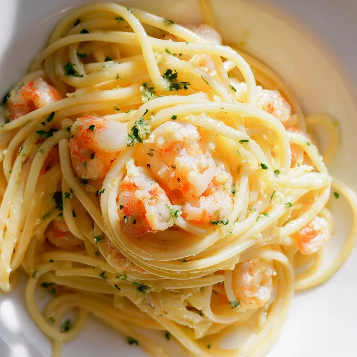 Close-up of succulent shrimp coating spaghetti in a creamy white wine and butter sauce
