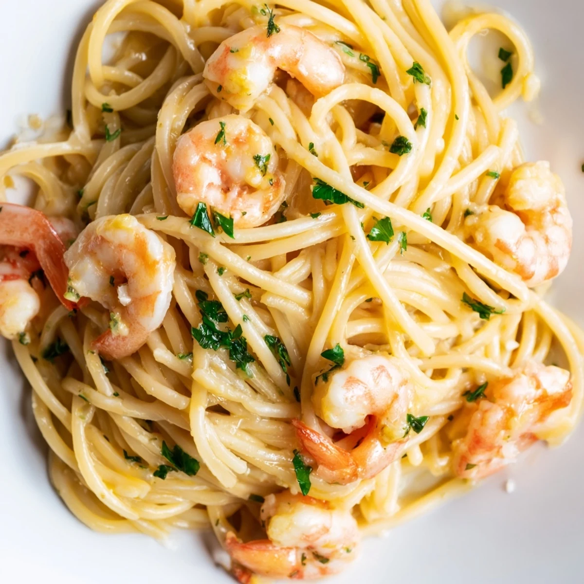 Plated shrimp scampi pasta garnished with fresh parsley and parmesan over a white background