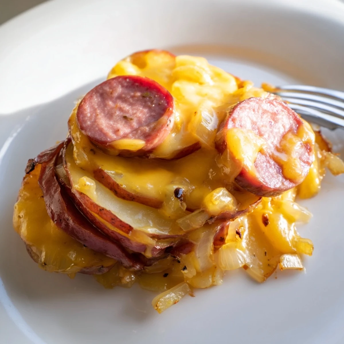 Slow cooker scalloped potatoes with kielbasa layered in creamy melted cheddar sauce