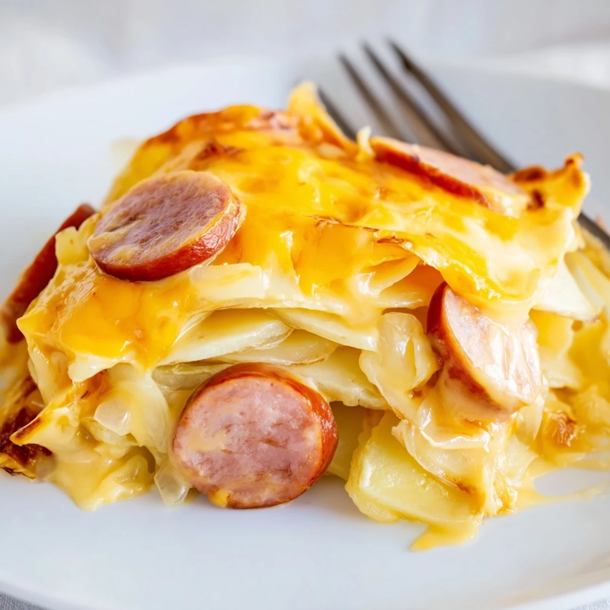Hearty slow cooker scalloped potatoes and kielbasa bubbling with golden cheese topping