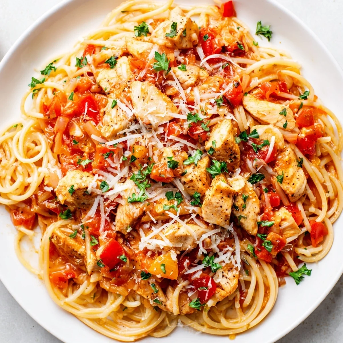 Savory Instant Pot Chicken Spaghetti in a rich tomato sauce with tender chicken pieces and melted Parmesan
